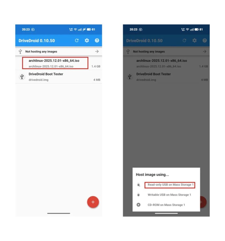 DriveDroid 里选择只读或可读写 USB 模式的界面