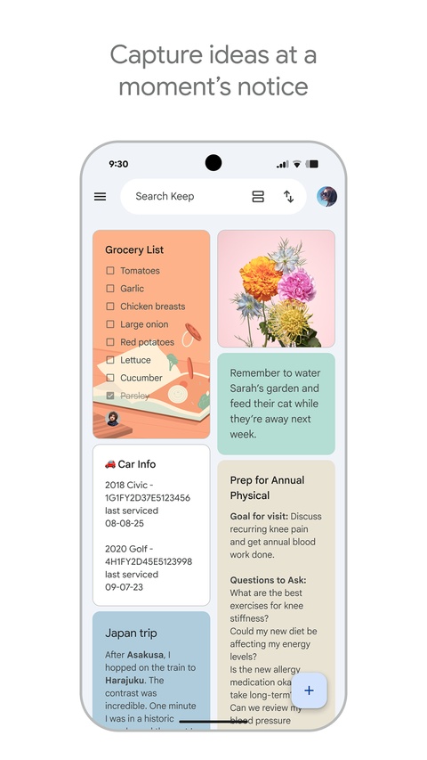 google keep 首頁卡片視圖,直觀的配色與摘要讓多條筆記一目了然