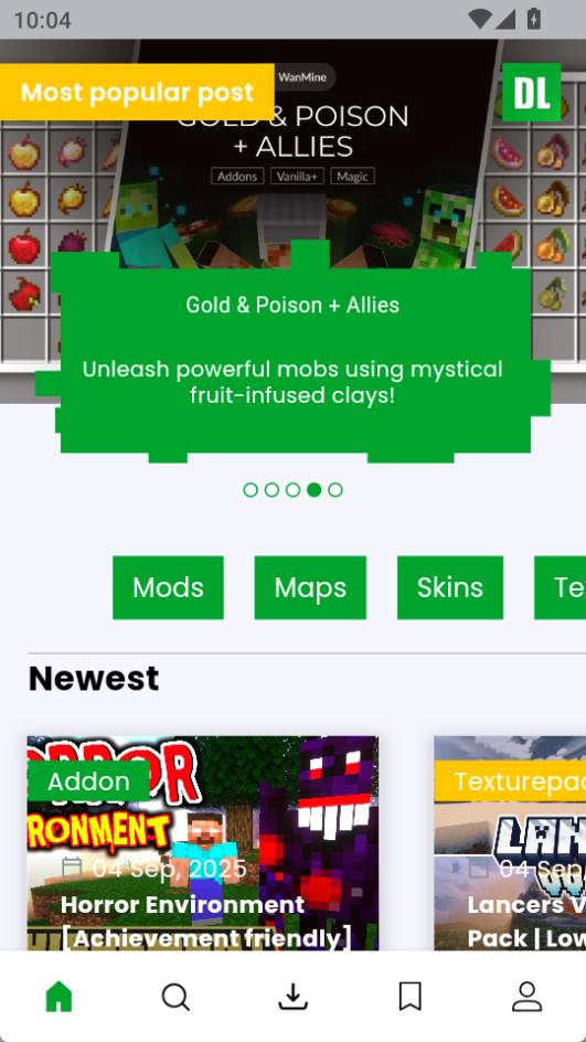 mcpedl 首頁主界面,展示分類卡片與資源列表