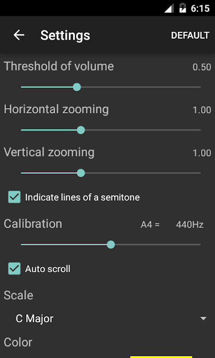 設置頁實拍:Horizontal zooming 與 Vertical zooming 兩根滑桿位於音量閾值之下