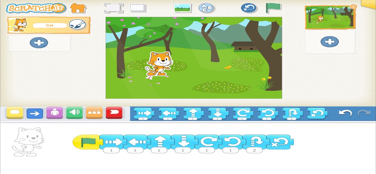scratchjr 編輯器介面:舞台、角色列表、積木盤與編程區